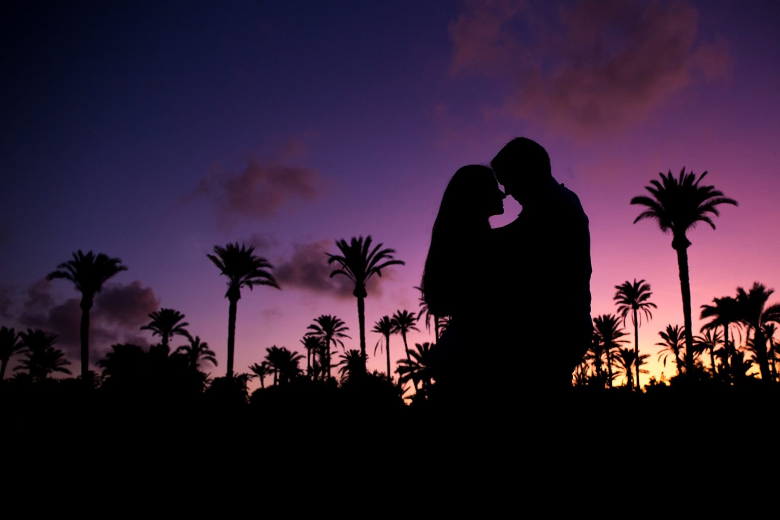 Silueta de una pareja besándose entre palmeras al atardecer